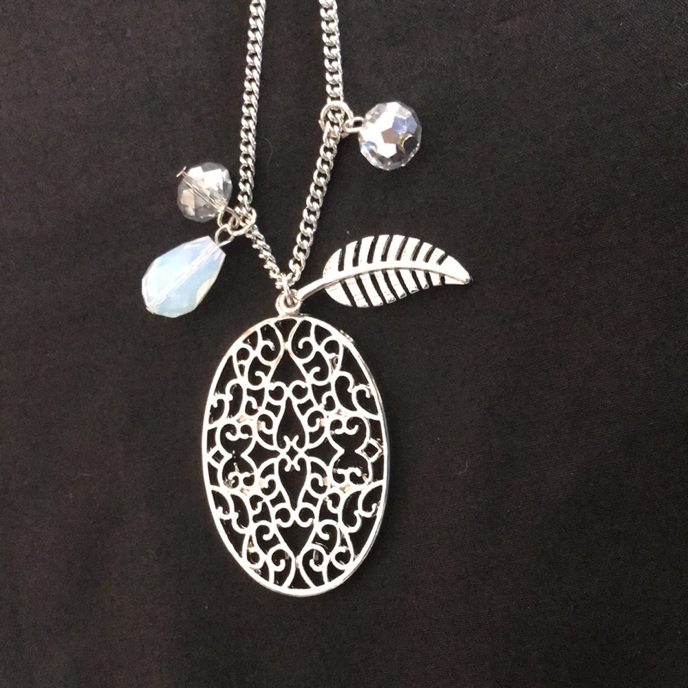 Pendant Necklace, Boho, Filigree Oval Pendant, Beads, Feather, Long Silver Tone